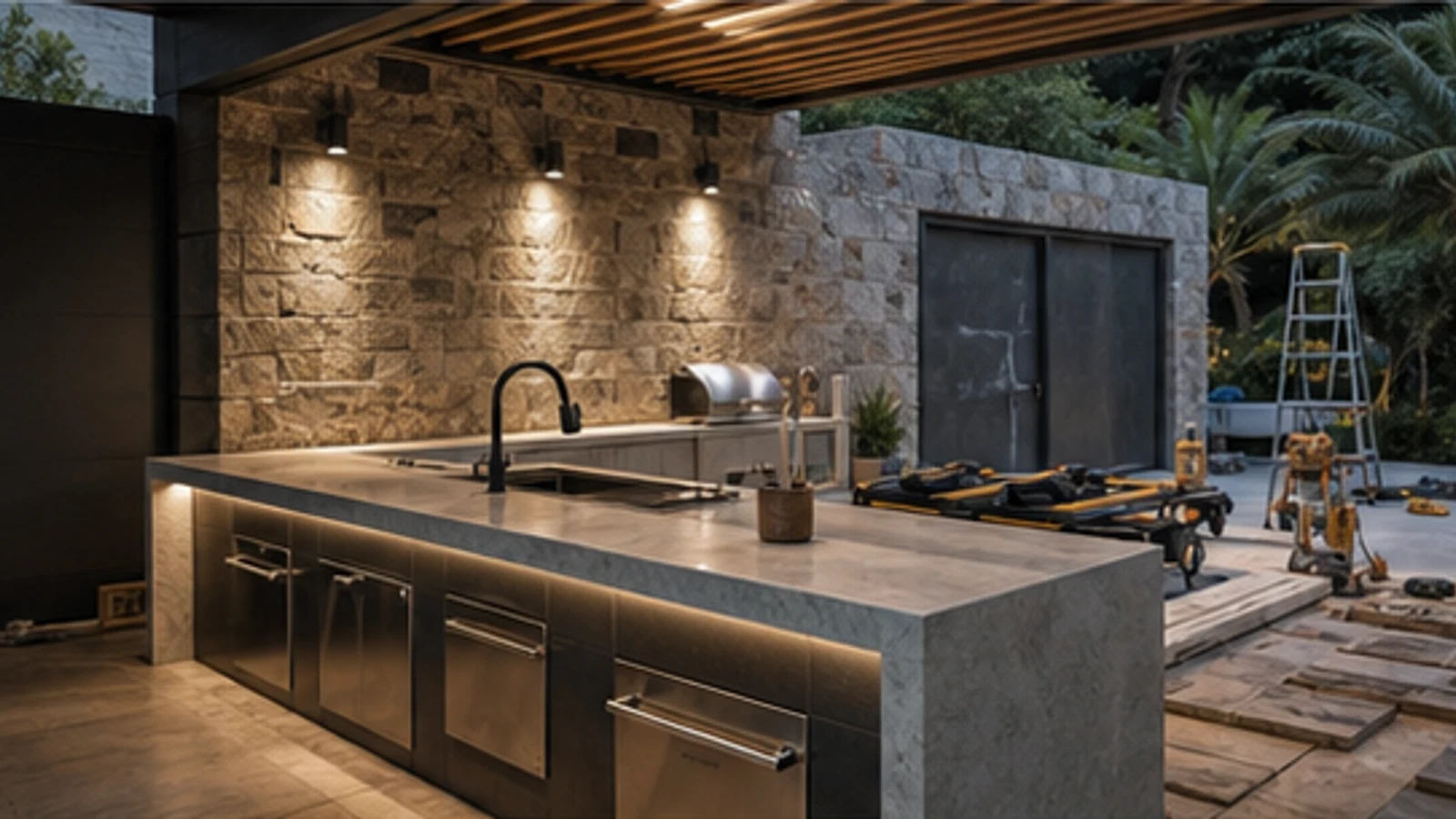 Outdoor kitchen vira vitrine de pedra, metal e iluminação