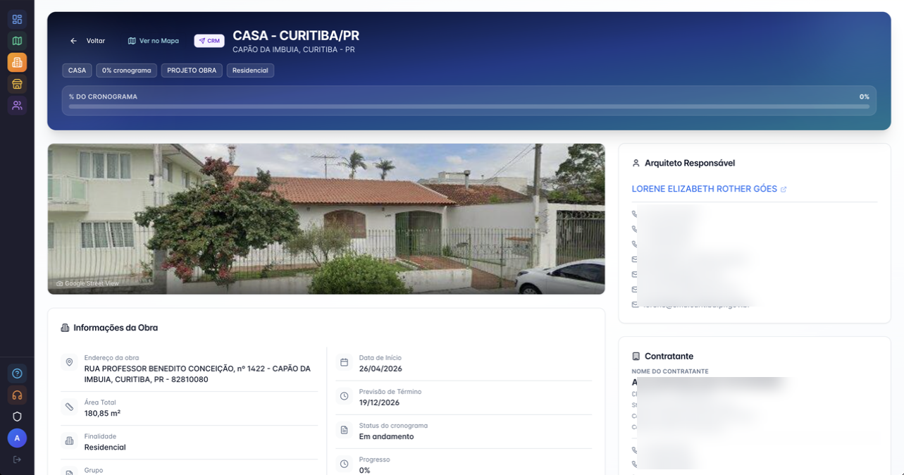 Print real da ficha de uma obra na plataforma Obras365 com contatos sensíveis desfocados