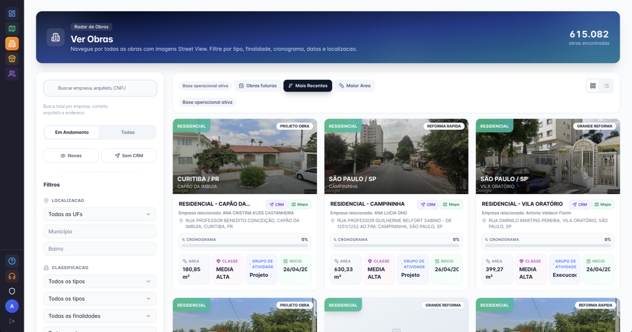 Print real da lista de obras e filtros avançados do Obras365