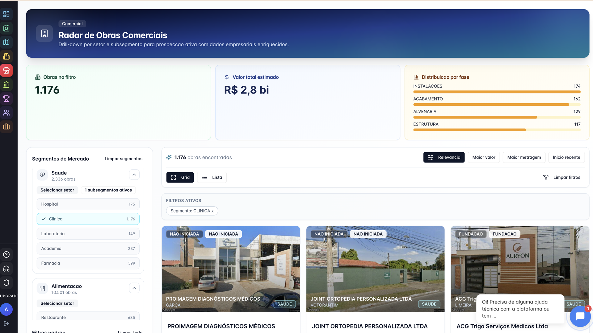 Print real do radar comercial da plataforma Obras365
